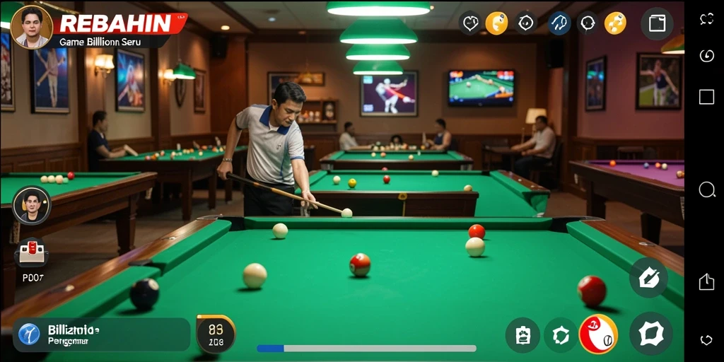 Tampilan antarmuka game Billiard REBAHIN yang menarik dan interaktif.
