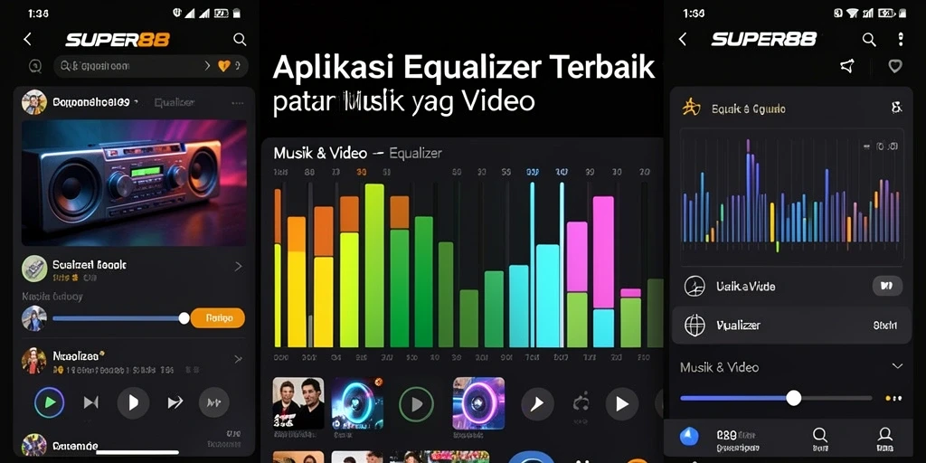 Tampilan antarmuka aplikasi SUPER88 yang menarik dengan kontrol equalizer.